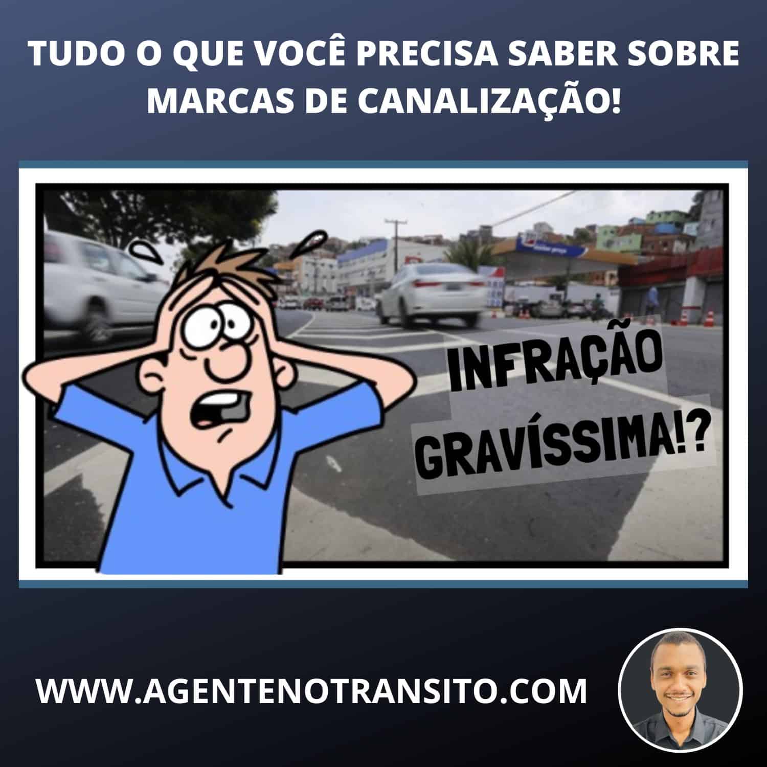 Aprenda tudo sobre as marcas de canalização de trânsito, suas funções, infrações e como se defender em caso de autuação! Imagem de uma veículo transitando sobre marcas de canalização com um personagem de desenho animado em expressão de pânico, seguida do texto: infração gravíssima!?